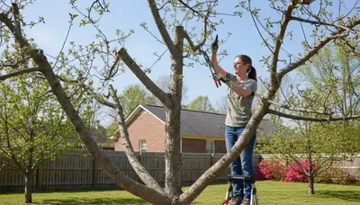 Arborist pruning fruit tree in Greenville NC backyard orchard for healthy growth and improved harvest