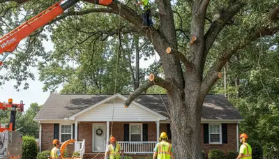 Arborists performing large tree removal with bucket truck near home in Ayden, Greenville NC