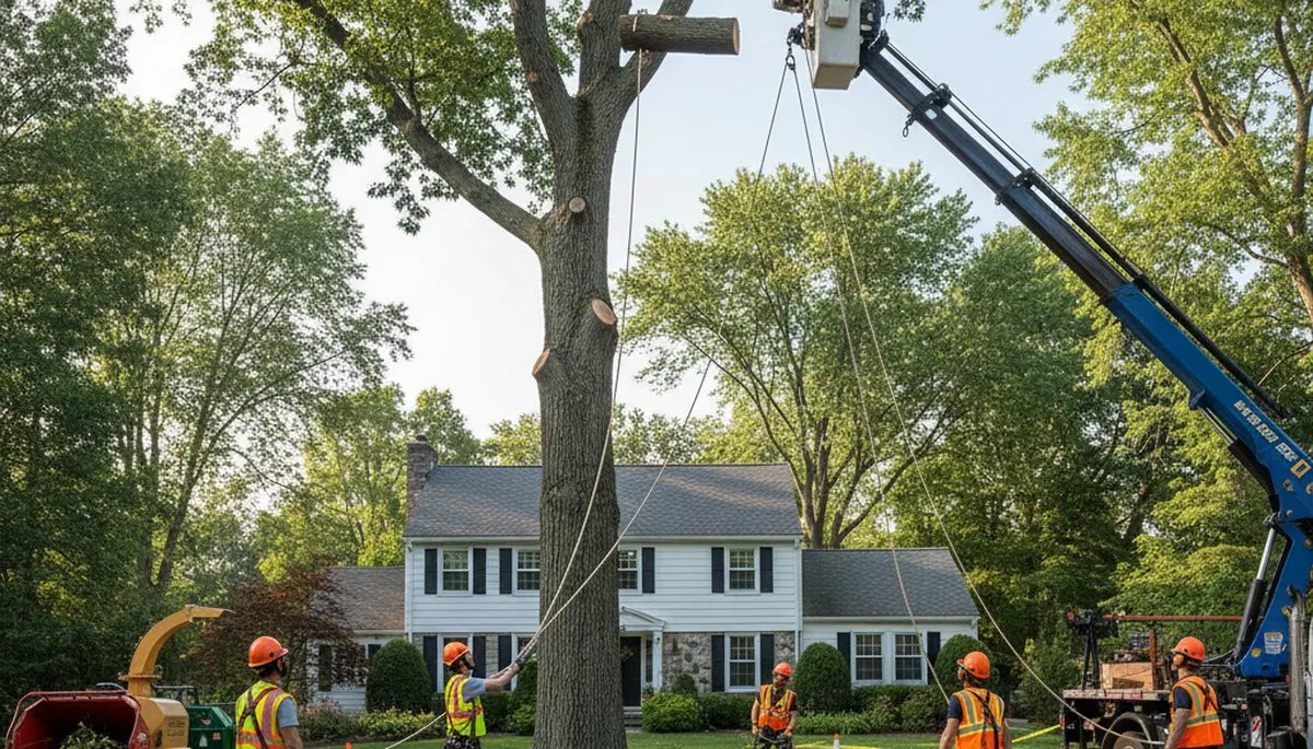 Arborist crew using bucket truck for large tree removal in Bethel near Greenville, NC homes