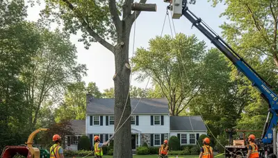 Arborist crew using bucket truck for large tree removal in Bethel near Greenville, NC homes