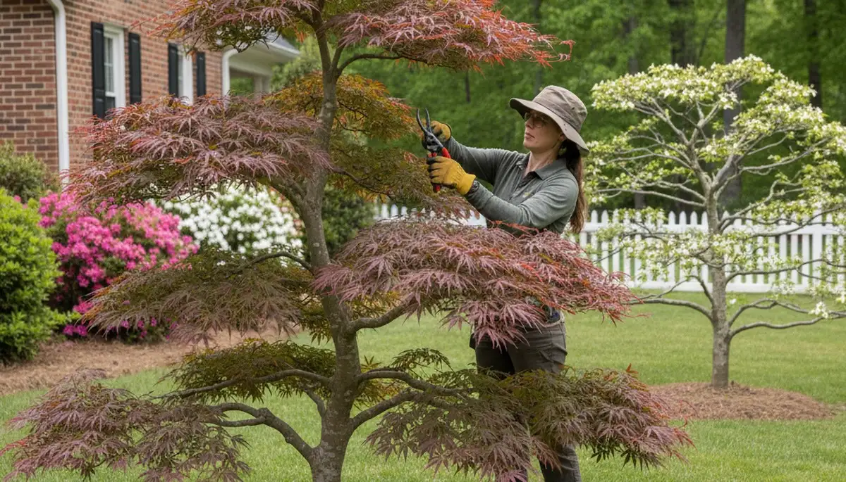 Arborist hand pruning ornamental Japanese maple for curb appeal in Greenville NC landscape