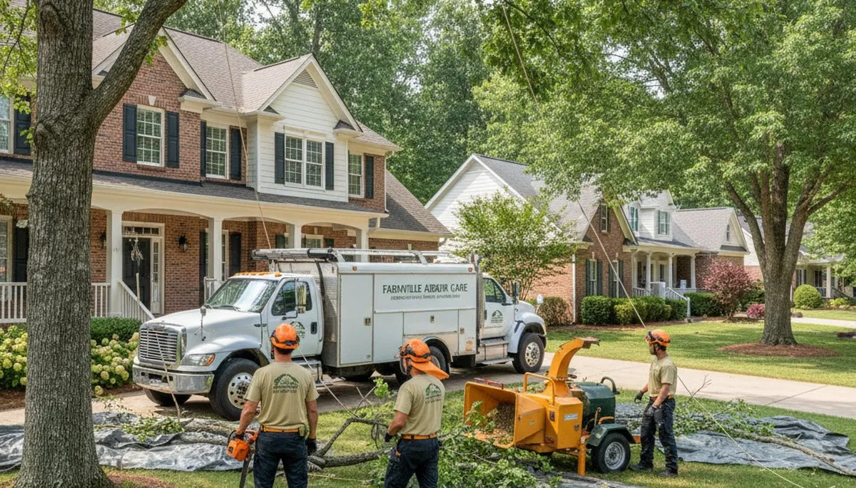 Professional residential tree removal crew working safely in Farmville, NC near Greenville homes