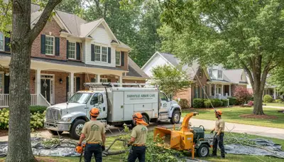 Professional residential tree removal crew working safely in Farmville, NC near Greenville homes