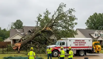 Emergency tree removal crews clearing storm damage for homeowners in Grimesland near Greenville, NC