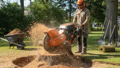 Professional stump grinding service removing tree stumps in Bethel near Greenville, NC lawn restoration