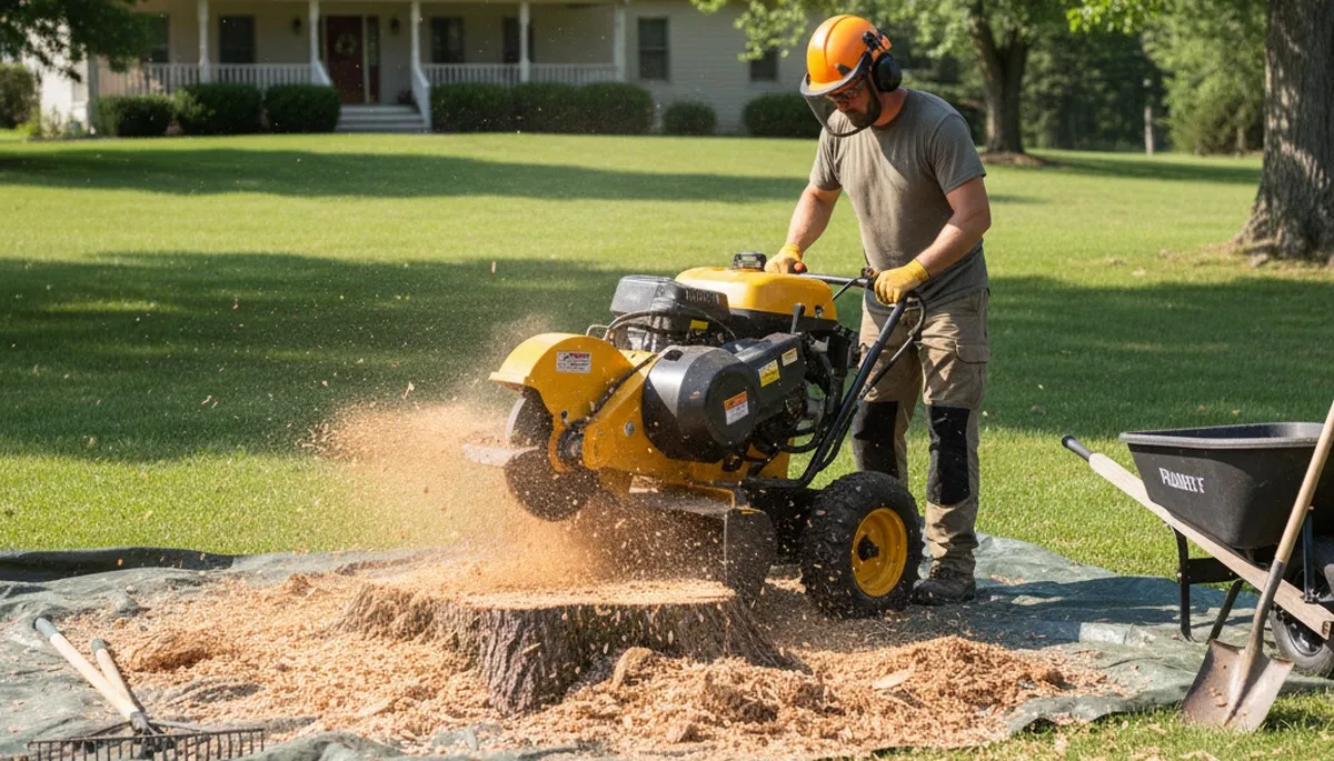 Professional stump grinding service removing tree stump in Farmville, NC near Greenville lawn restoration