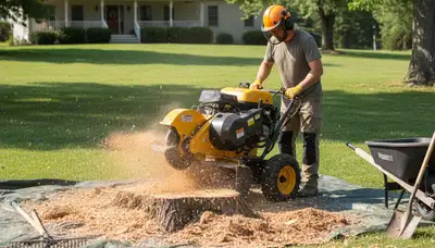 Professional stump grinding service removing tree stump in Farmville, NC near Greenville lawn restoration
