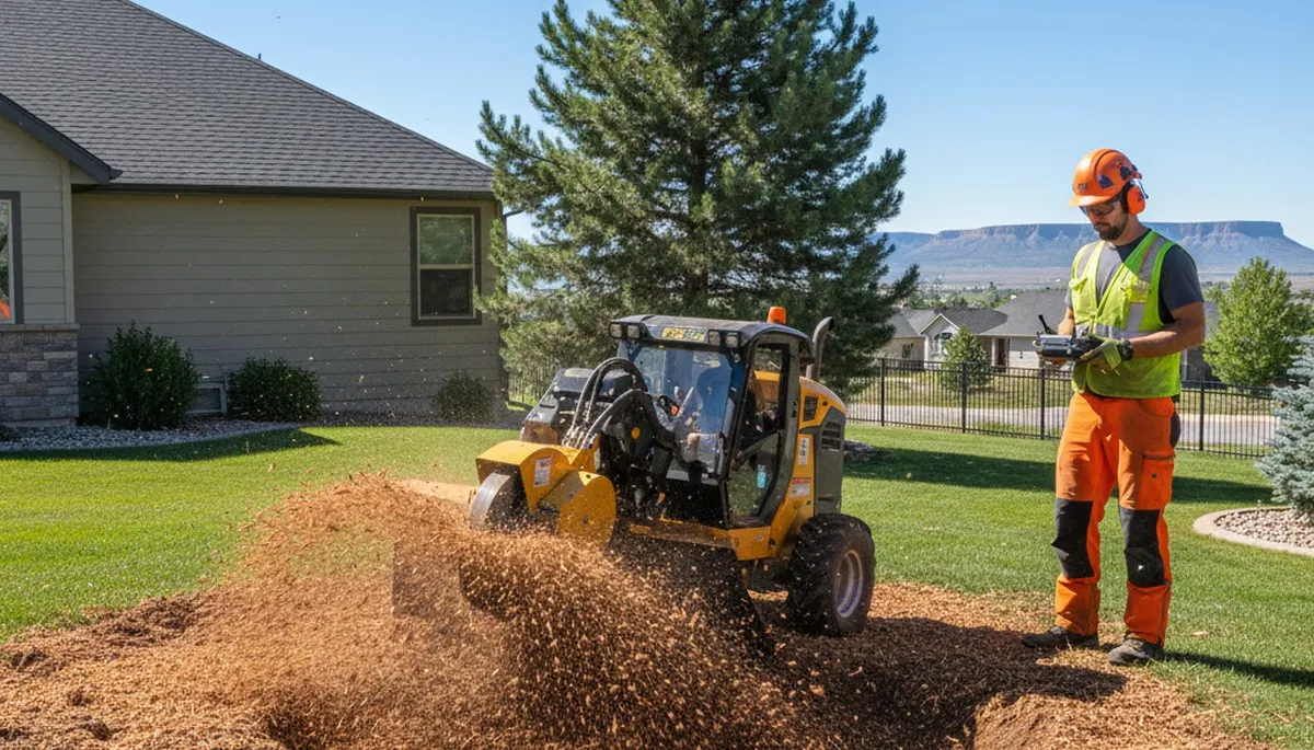 Professional stump grinding removing tree stumps in Fountain, NC yard near Greenville, NC homes