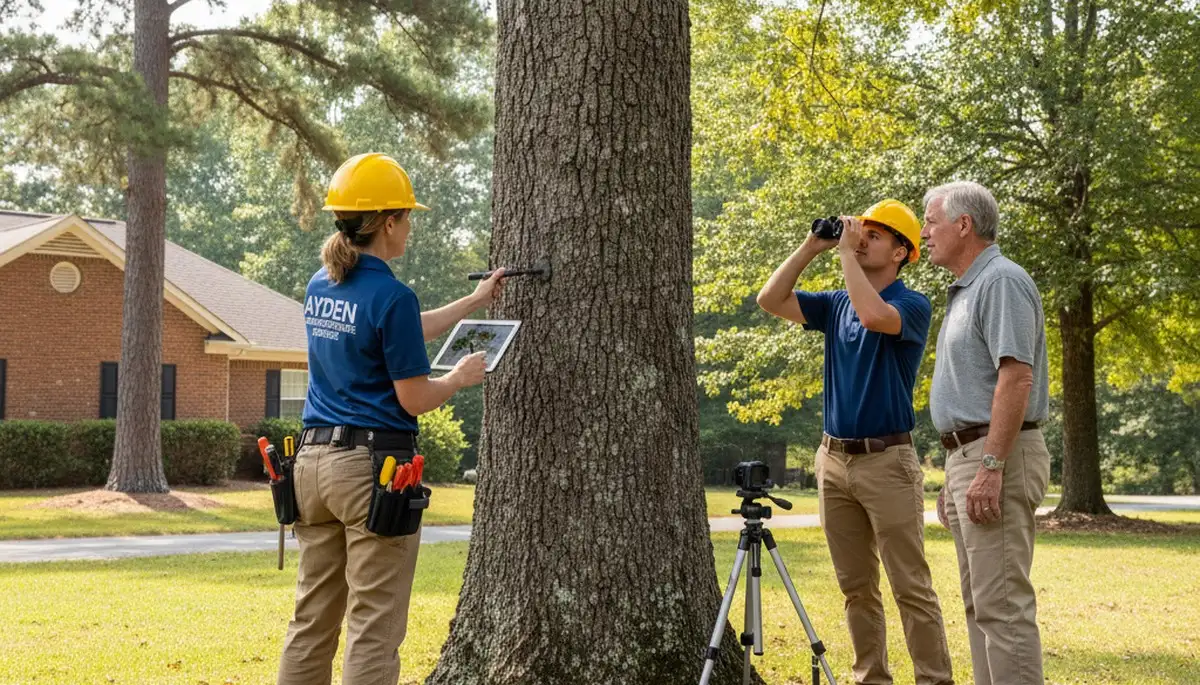 Certified arborist performing tree health assessment for homeowners in Ayden, near Greenville, NC