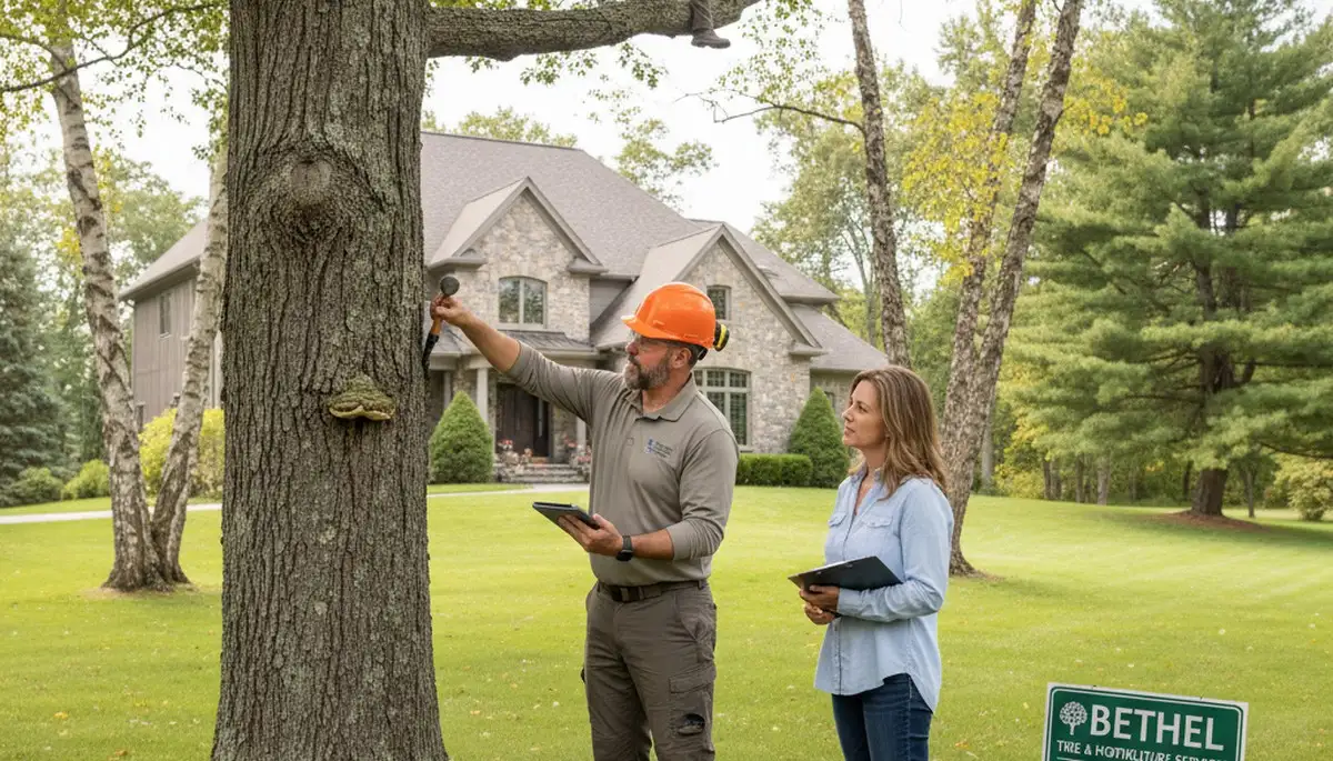 Certified arborist performing tree health assessment for Bethel homeowners near Greenville, NC