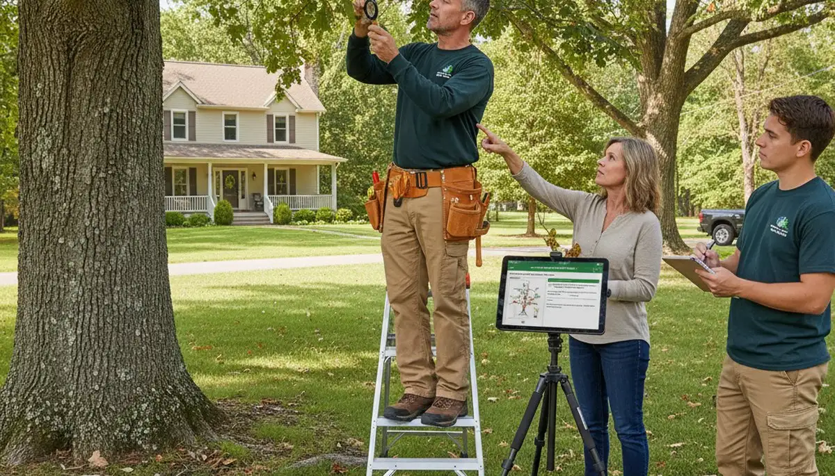 Certified arborist performing tree health assessment for homeowners in Farmville, near Greenville, NC