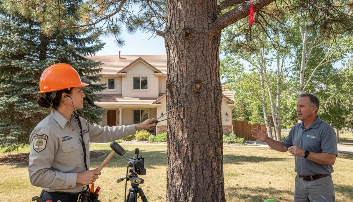 Certified arborist performing tree health assessment for homeowners in Fountain, near Greenville, NC