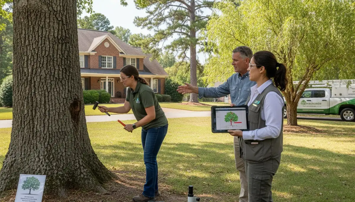 Certified arborist performing tree health assessment for homeowners in Grimesland, NC near Greenville