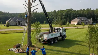 Arborists planting young trees in Greenville NC yard for Chop Chop Tree tree planting service