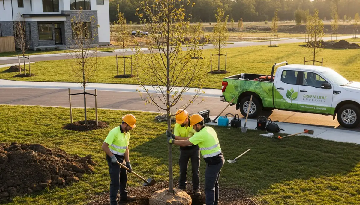 Arborist planting young tree in Greenville NC yard for Chop Chop Tree planting service