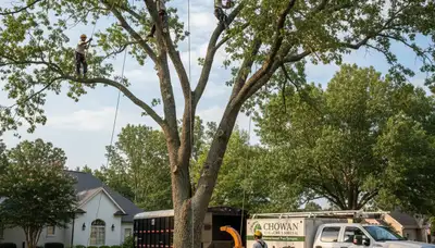 Professional tree removal service in Greenville, NC safely cutting down large oak tree