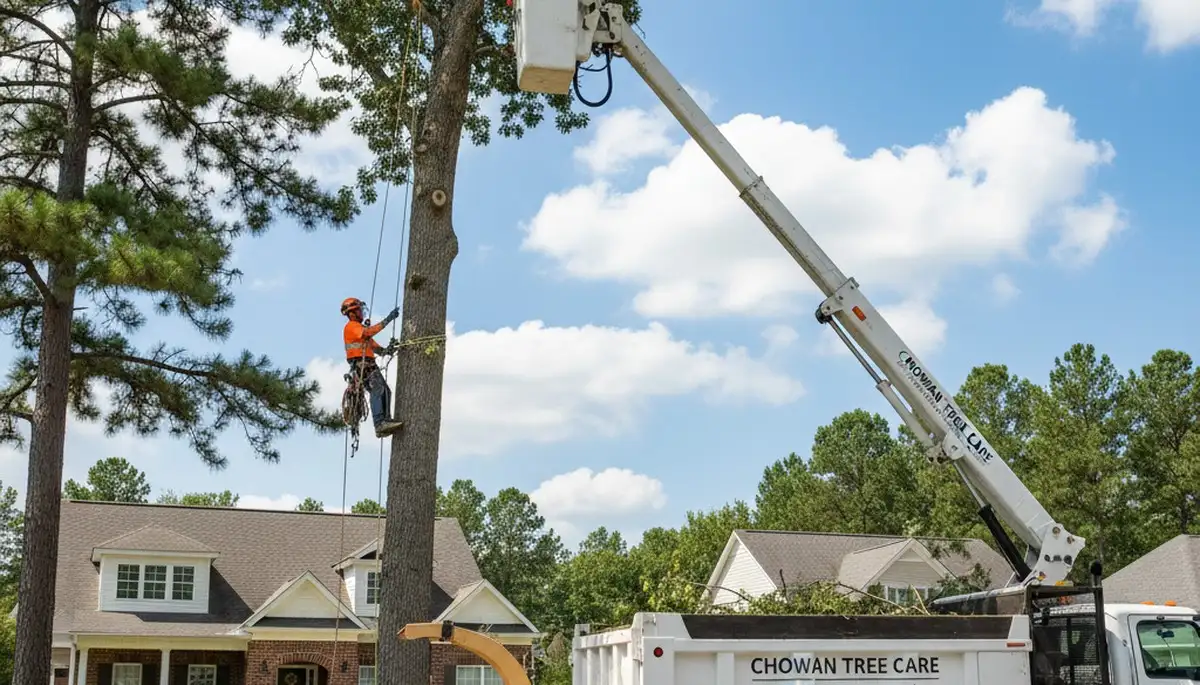 Professional tree removal service in Greenville NC safely cutting and clearing large oak tree