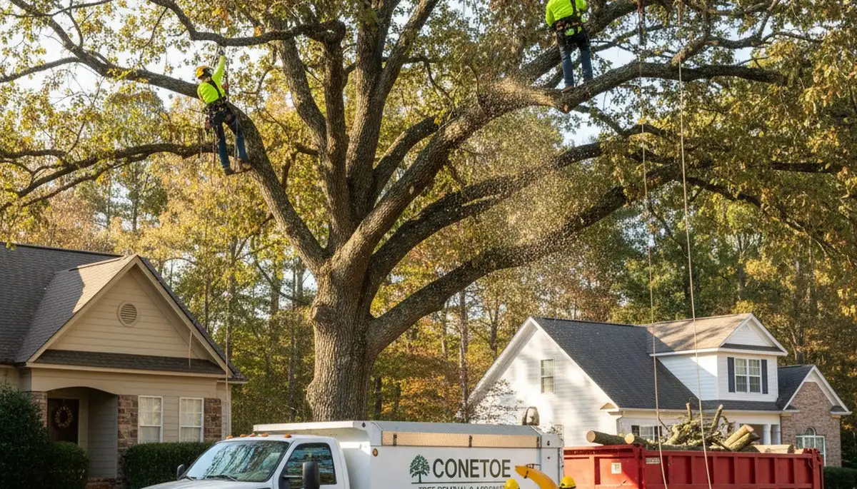 Professional tree removal service in Greenville NC safely cutting large oak tree branches