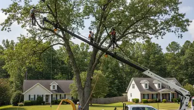 Professional tree removal service in Greenville NC safely cutting and clearing large oak tree