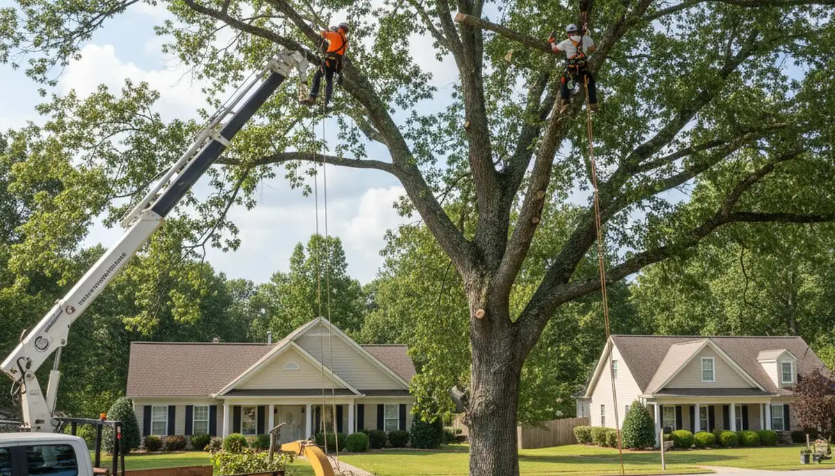 Professional tree removal service in Greenville NC safely cutting large oak tree