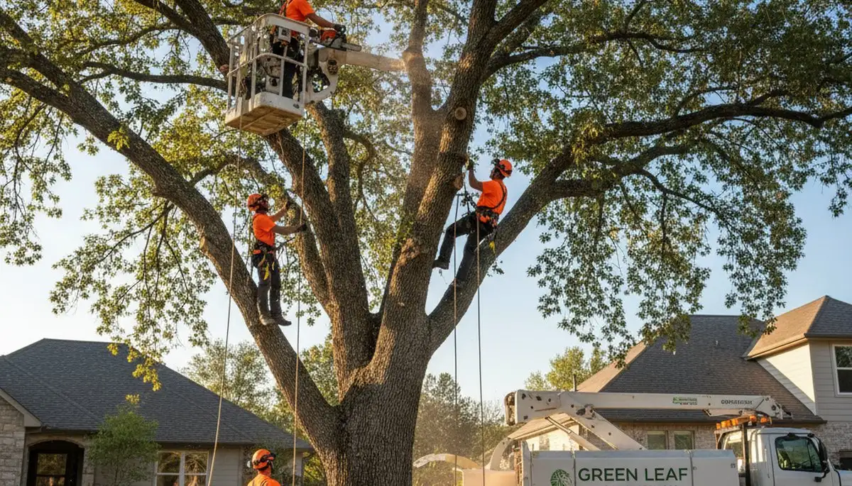 Arborist trimming oak tree branches in Greenville, NC for storm damage prevention and canopy care