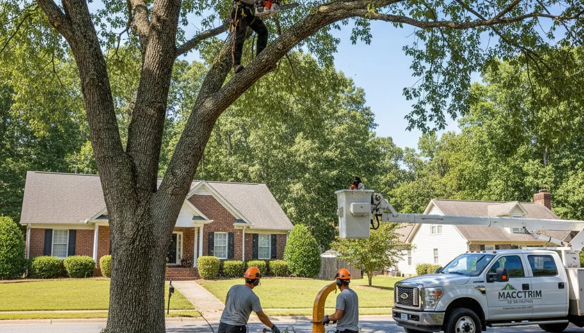 Professional tree removal service in Greenville NC safely cutting and clearing large oak trees