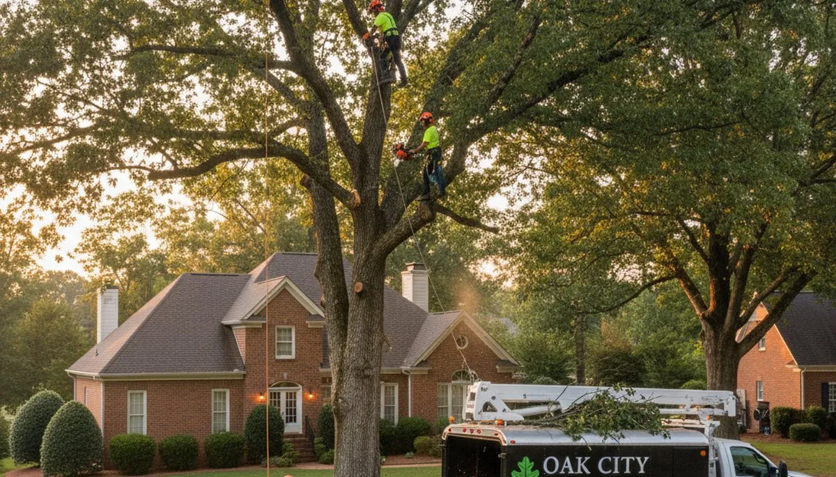 Professional tree removal service in Greenville NC safely cutting damaged oak tree