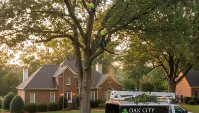 Professional tree removal service in Greenville NC safely cutting damaged oak tree