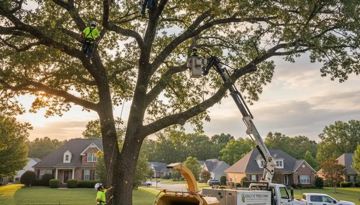 Professional tree removal service in Greenville, NC safely cutting down large oak tree