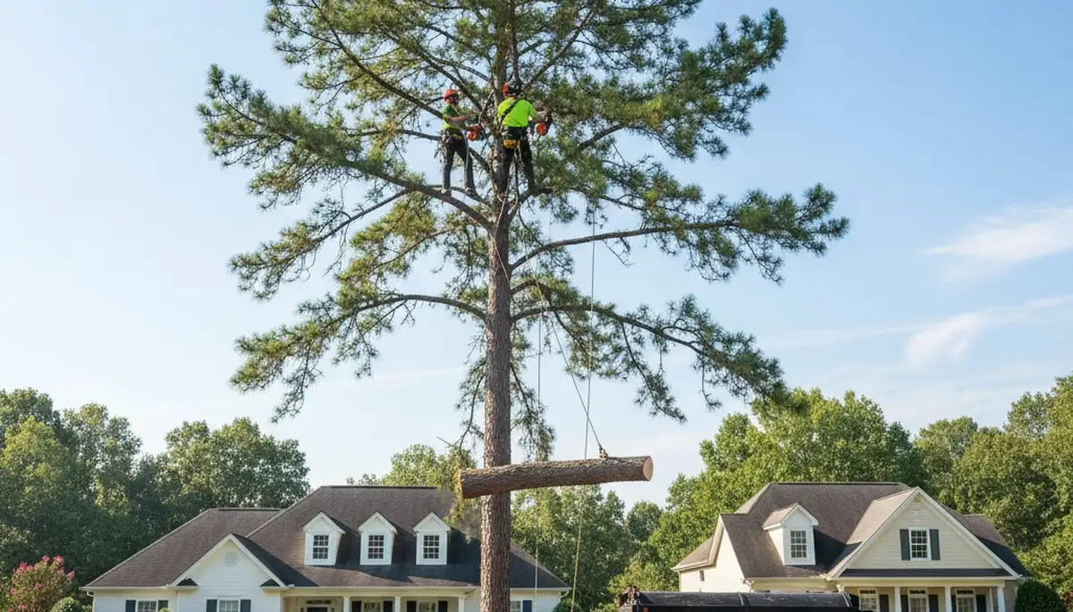 Professional tree removal service in Greenville NC safely cutting and clearing large oak tree