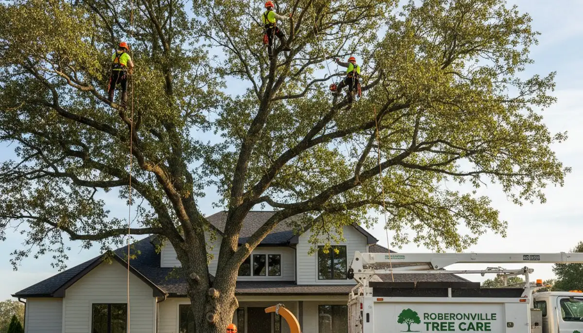 Professional tree removal service in Greenville NC safely cutting large oak tree
