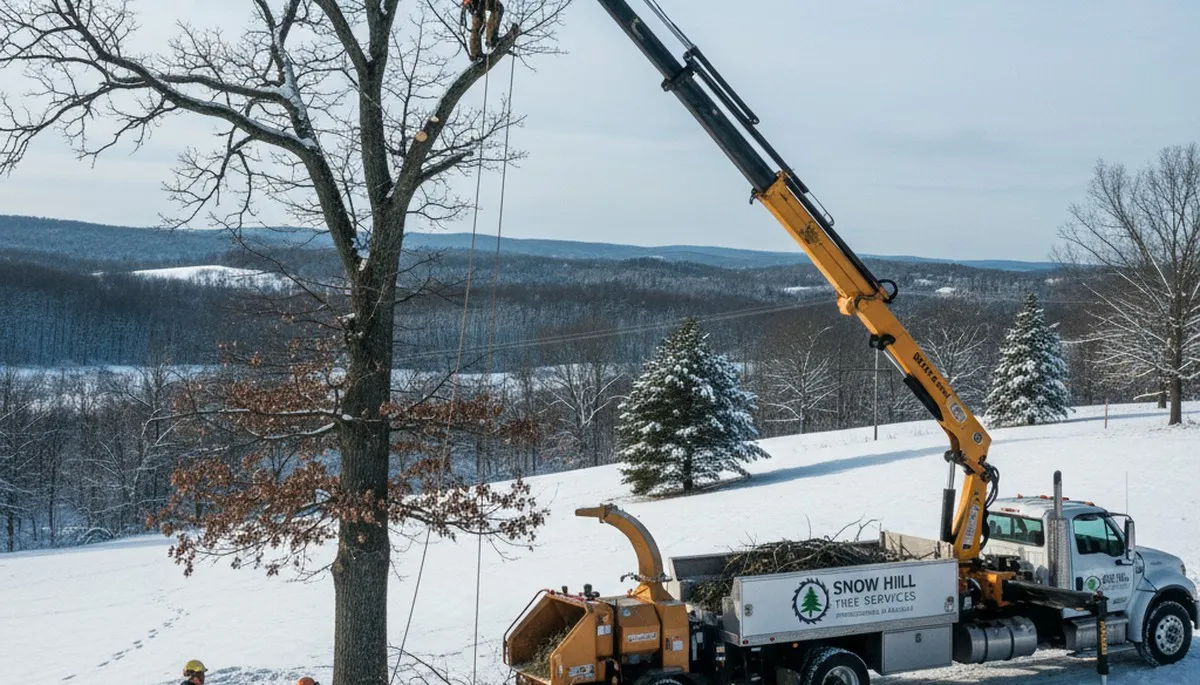 Professional tree removal service in Greenville, NC safely cutting and clearing large backyard trees
