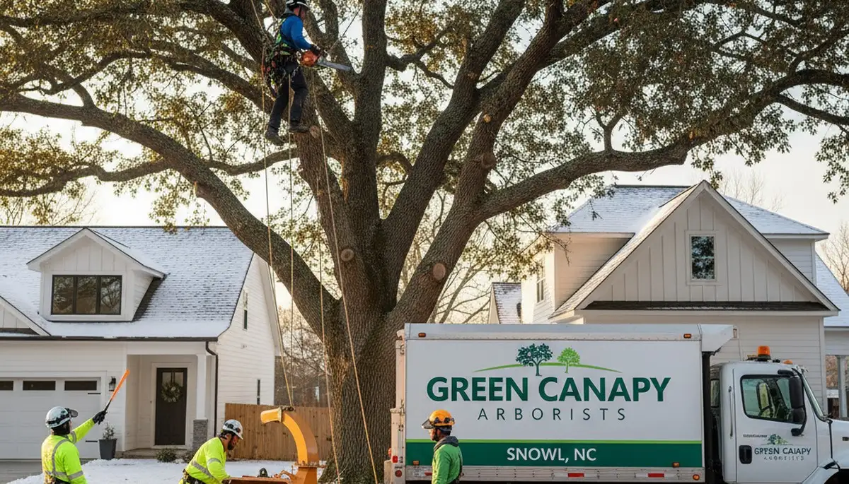 Professional tree removal crew working safely in Greenville NC residential yard