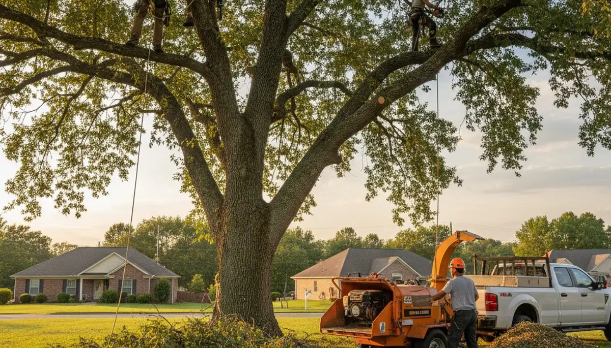 Professional tree removal service in Greenville NC safely cutting and clearing large oak tree