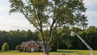 Professional tree removal service in Greenville, NC safely cutting and clearing large oak tree