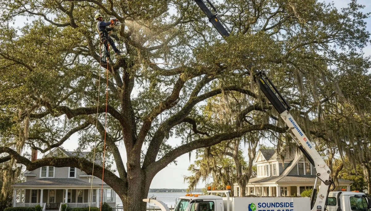 Professional tree removal service in Greenville NC clearing large oak safely