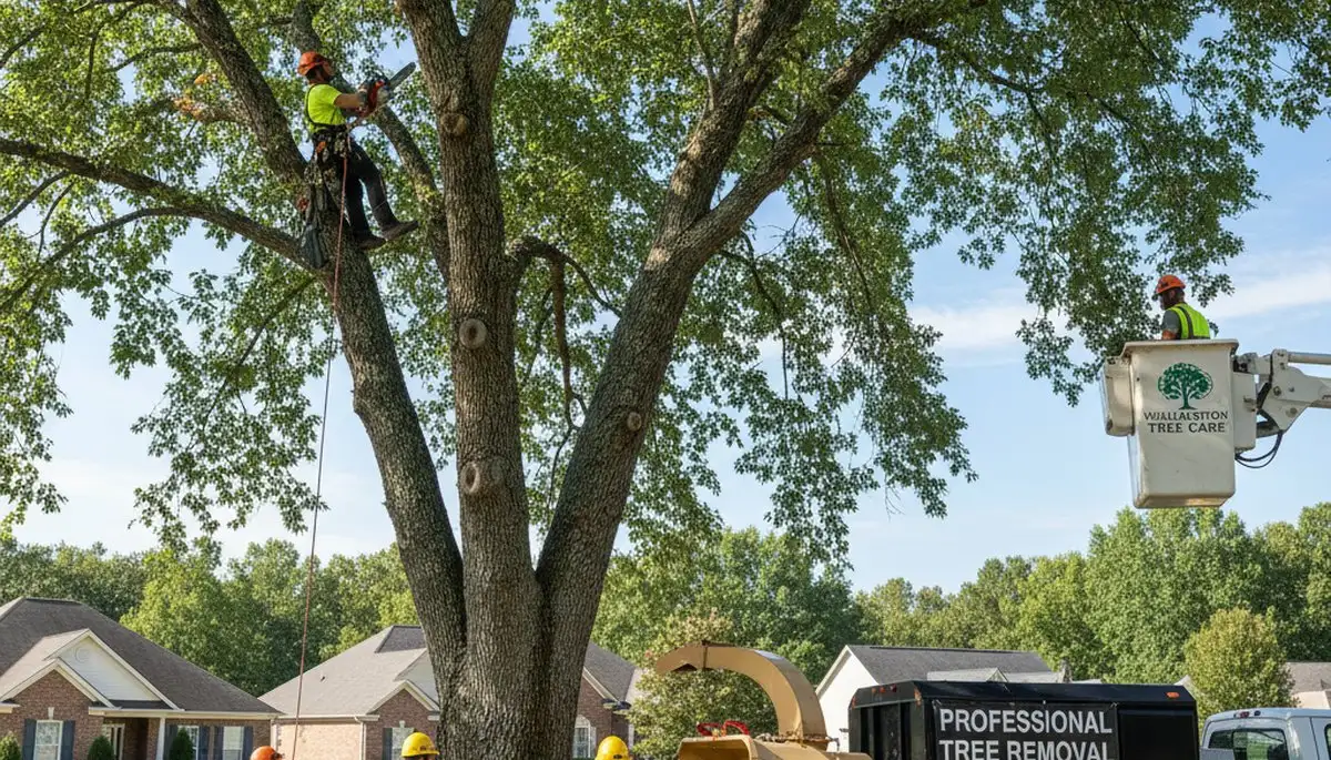 Professional tree removal service team working in Greenville, NC yard